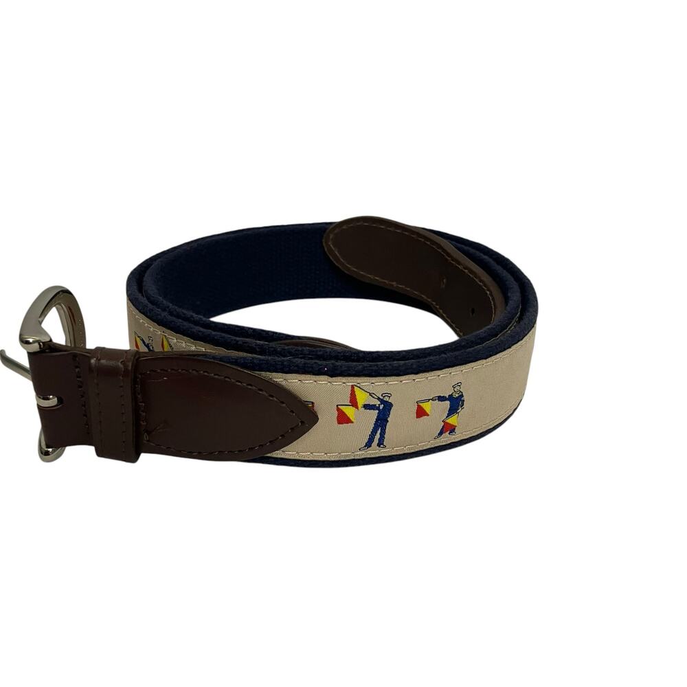 The Belted Cow Co Made in Main Brass Belt Buckle Sailor Flag Print Belt